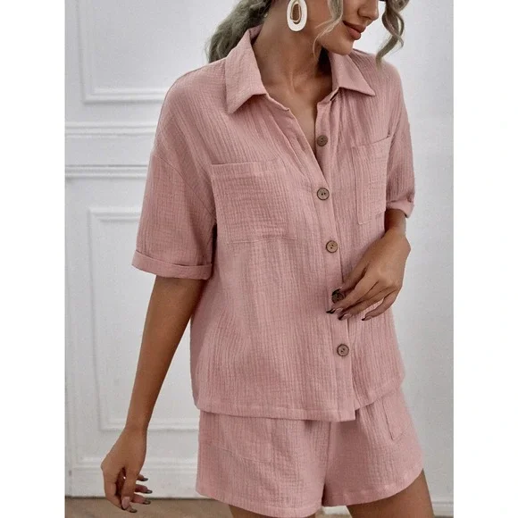 2 piece set: Breast Pocket Button Down Shirt & high waist Shorts coords tan - Picture 7 of 14